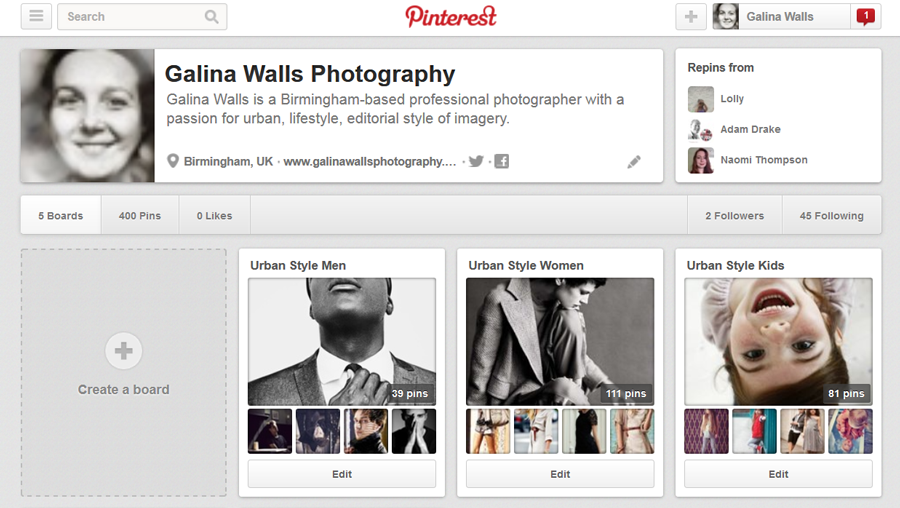 Screen capture of Pinterest boards by Galina Walls Photography