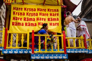 Hare Krsna red and yellow banners