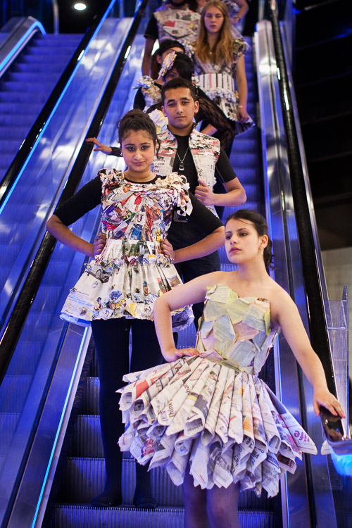 Joseph Chamberlain College Fashio show - young models descending the escalator for the final lineup
