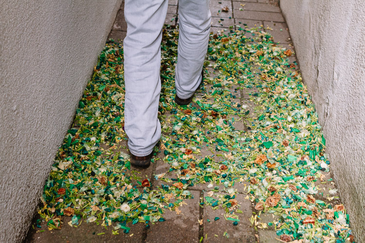 Colourful shredded paper on the pavement