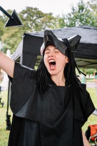 Ivor in her black jackal costume in Dock Park
