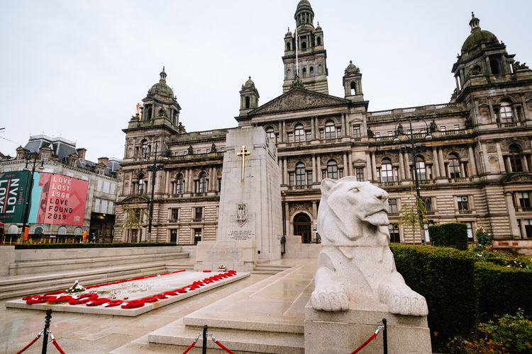 Glasgow Cenotaph monument by John James Burnet, architect, and Ernest Gillick, sculptor, unveiled at this location in 1924